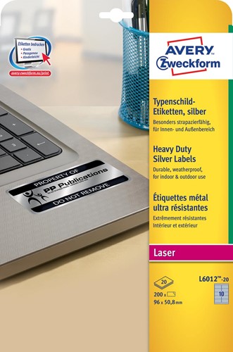 Avery ultra-sterke zilverkleurige etiketten ft 96 x 50,8 mm (b x h), 200 stuks, 10 per blad 20 Vel