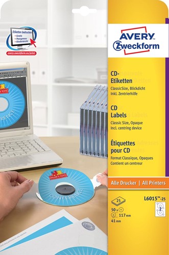 Avery Zweckform L6015-25 CD etiketten, diameter 117 mm, 50 etiketten, wit 25 Vel