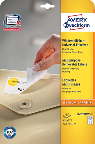 Avery Zweckform L6023REV-25 étiquettes enlevables ft 63,5 x 38,1 mm (b x h), 525 étiquettes, blanc 25 Vel