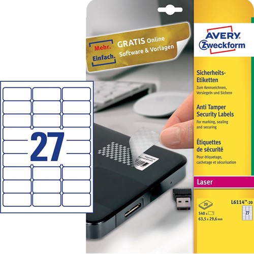 Avery bestendige veiligheidsetiketten, ft 63,5 x 29,6 mm, 540 stuks, 27 per vel, doos van 20 vel-2