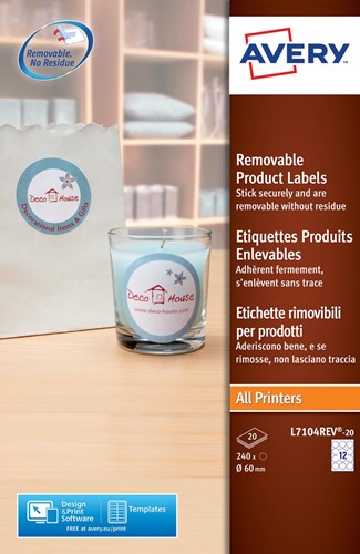 Avery L7104REV-20 étiquettes produits enlevables, diamètre 60 mm, 240 étiquettes, blanc 20 Stuk