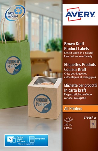 Avery L7106-20 étiquettes produits, diamètre: 60 mm, 240 étiquettes, kraft 20 Stuk