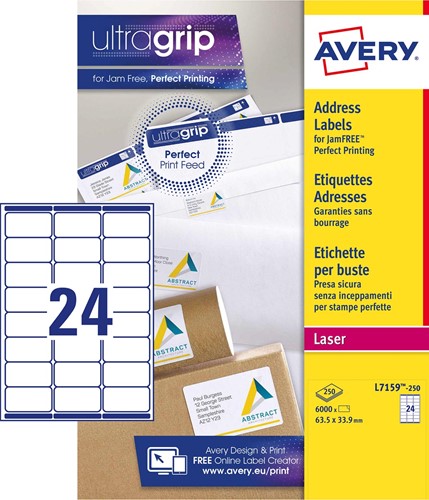 Avery L7159, Etiquettes adresses, Laser, Ultragrip, blanches, 250 pages, 24 per page, 63,5 x 33,9 mm 250 Vel-2