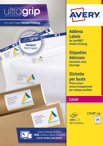 Avery L7159, Etiquettes adresses, Laser, Ultragrip, blanches, 250 pages, 24 per page, 63,5 x 33,9 mm 250 Vel