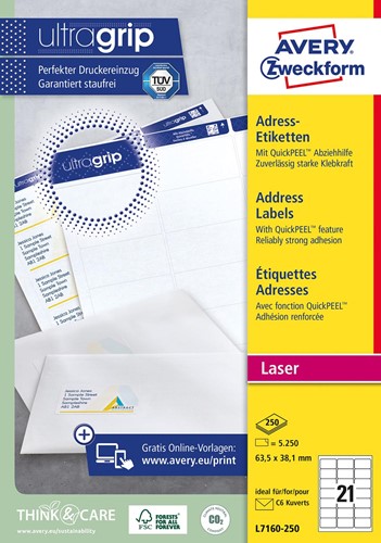 Avery L7160, Adresetiketten, Laser, Ultragrip, wit, 250 vellen, 21 per vel, 63,5 x 38,1 mm 250 Vel