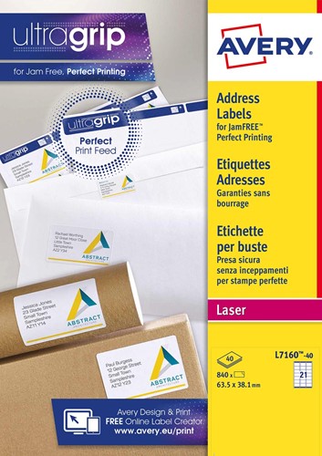 Avery L7160, Etiquettes adresses, Laser, Ultragrip, blanches, 40 pages, 21 per page, 63,5 x 38,1 mm 40 Vel