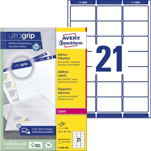 Avery L7160, Etiquettes adresses, Laser, Ultragrip, blanches, 100 pages, 21 per page, 63,5 x 38,1 mm 100 Vel-3