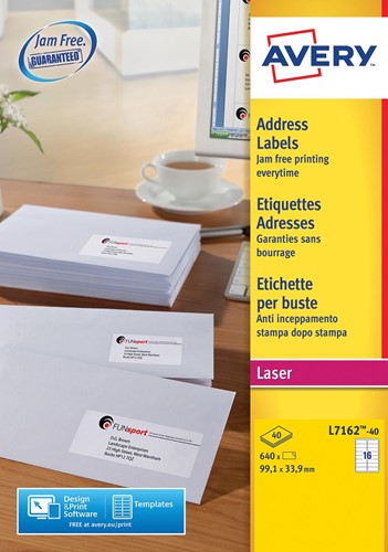 Avery L7162, Etiquettes adresses, Laser, Ultragrip, blanches, 40 pages, 16 per page, 99,1 x 33,9 mm 40 Vel