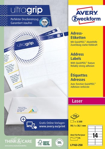 Avery L7163, Adresetiketten, Laser, Ultragrip, wit, 250 vellen, 14 per vel, 99,1 x 38,1 mm 250 Vel