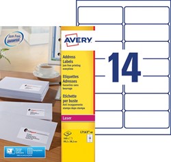 Avery L7163, Etiquettes adresses, Laser, Ultragrip, blanches, 40 pages, 14 per page, 99,1 x 38,1 mm 40 Vel