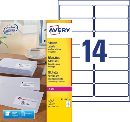Avery L7163, Adresetiketten, Laser, Ultragrip, wit, 40 vellen, 14 per vel, 99,1 x 38,1 mm 40 Vel