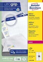 Avery L7163, Etiquettes adresses, Laser, Ultragrip, blanches, 100 pages, 14 per page, 99,1 x 38,1 mm 100 Vel