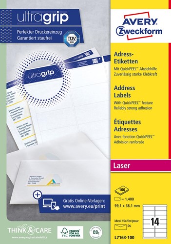 Avery L7163, Etiquettes adresses, Laser, Ultragrip, blanches, 100 pages, 14 per page, 99,1 x 38,1 mm 100 Vel
