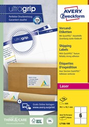 Avery L7166, Etiquettes d'expédition, Laser, Ultragrip, blanches, 100 pages, 6 per page, 99,1 x 93,1 mm 100 Vel