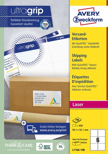 Avery L7166, Etiquettes d'expédition, Laser, Ultragrip, blanches, 100 pages, 6 per page, 99,1 x 93,1 mm 100 Vel