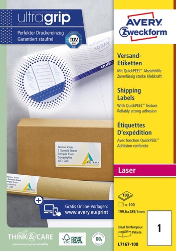 Avery L7167, Verzendetiketten, Laser, Ultragrip, wit, 100 vellen, 1 per vel, 199,6 x 289,1 mm 100 Vel