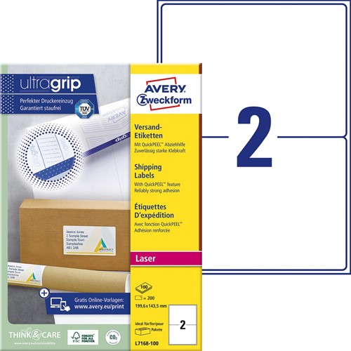 Avery L7168, Etiquettes d'expédition, Laser, Ultragrip, blanches, 100 pages, 2 per page, 199,6 x 143,5 mm 100 Vel-2