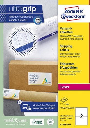 Avery L7168, Verzendetiketten, Laser, Ultragrip, wit, 100 vellen, 2 per vel, 199,6 x 143,5 mm 100 Vel