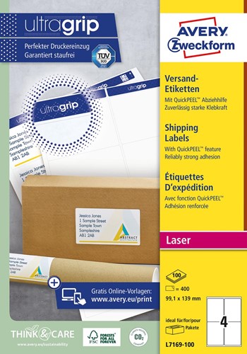 Avery L7169, Etiquettes d'expédition, Laser, Ultragrip, blanches, 100 pages, 4 per page, 99,1 x 139 mm 100 Vel