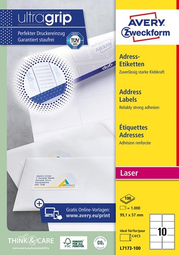 Avery L7173, Etiquettes d'expédition, Laser, Ultragrip, blanches, 100 pages, 10 per page, 99,1 x 57 mm 100 Vel