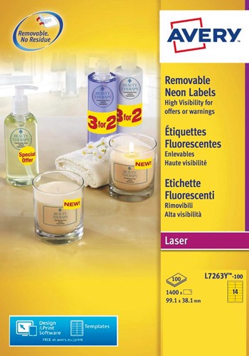 Avery étiquettes néon amovibles ft 99,1 x 38,1 mm (l x h), boîte de 100 feuilles, 1400 pièces jaune néon 100 Vel