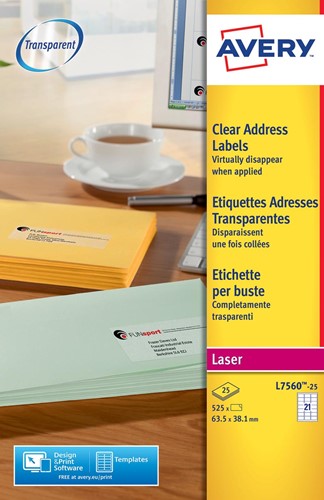 Avery L7560-25 étiquettes adresse ft 63,5 x 38,1 mm (b x h), 525 étiquettes, transparent 25 Vel