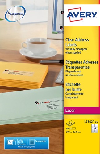 Avery transparante etiketten QuickPEEL ft 99,1 x 33,9 mm (b x h), 400 stuks, 16 per blad 25 Vel