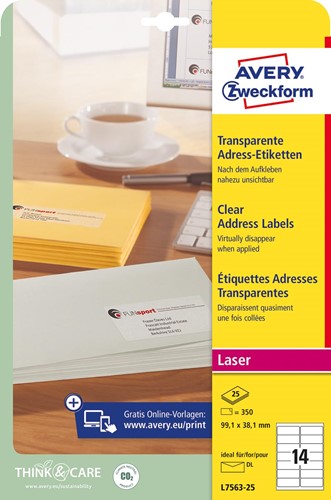 Avery transparante etiketten QuickPEEL ft 99,1 x 38,1 mm (b x h), 350 stuks, 14 per blad 25 Vel