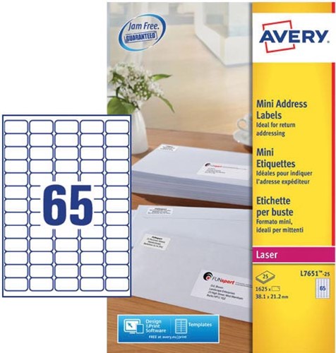Avery L7651-25 étiquettes adresse mini ft 38,1 x 21,2 mm (b x h), 1.625 étiquettes, blanc 25 Vel