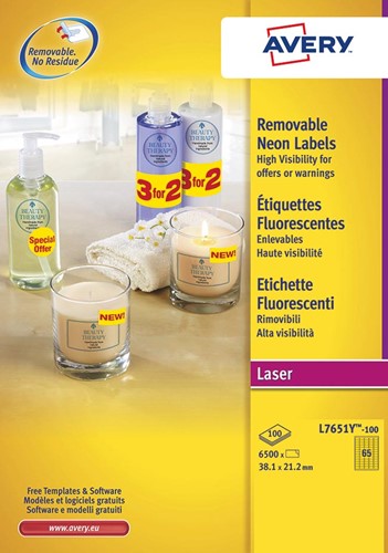 Avery étiquettes néon amovibles ft 38,1 x 21,2 mm (l x h), boîte de 100 feuilles, 6500 pièces, jaune néon 100 Vel