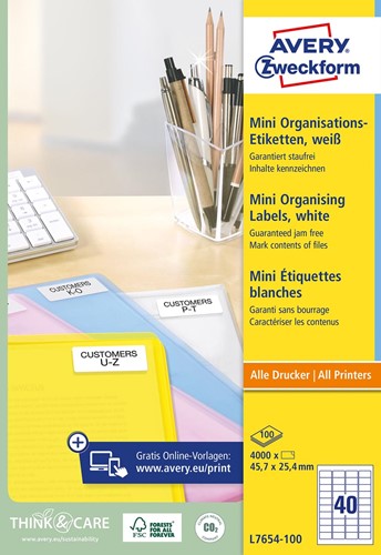 Avery Witte laseretiketten QuickPeel  ft 45,7 x 25,4 mm (b x h), 4.000 stuks, doos van 100 blad 100 Vel