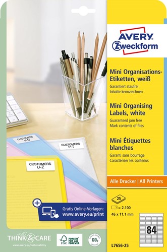 Avery mini-etiketten ft 46 x 11,1 mm (b x h), 2.100 stuks, 84 per blad, doos van 25 blad 25 Vel