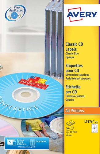 Avery L7676-25 étiquettes pour CD, diamètre 117 mm, 50 étiquettes, blanc 1 Stuk