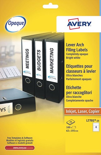Avery Zweckform L7701-25 étiquettes pour classeurs à levier ft 19,2 x 6,2 cm (b x h), 100 étiquettes, bla 25 Vel