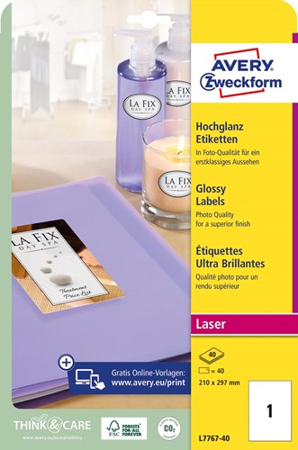 Avery Etiquettes Ultra brillantes ft 210 x 297 mm (l x h), boîte de 40 feuilles, 40 pièces 40 Vel