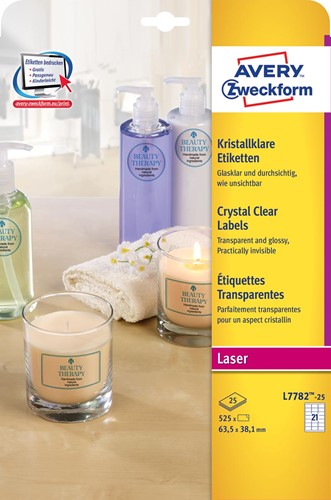 Avery étiquettes transparentes Crystal Clear ft 63,5 x 38,1 mm, 525 étiquettes, 21 par feuille 25 Vel