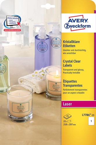 Avery étiquettes transparentes Crystal Clear ft 210 x 297 mm, 25 étiquettes, 1 par feuille 25 Vel