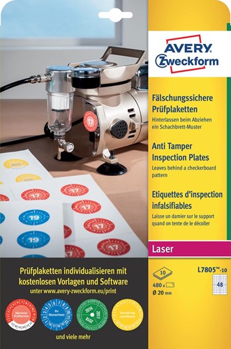 Avery étiquettes ronde d'inspection infalsifiables NoPeel, 20 mm diamètre, 480 pièces, 48 par feuille