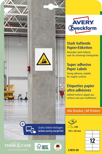Avery sterk klevende papieren etiketten, ft 105 x 48 mm, pak van 240 etiketten