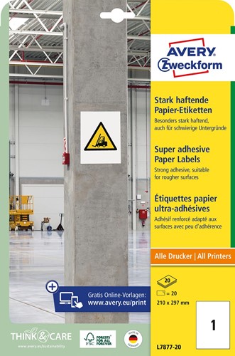 Avery sterk klevende papieren etiketten, ft 210 x 297 mm, pak van 20 etiketten