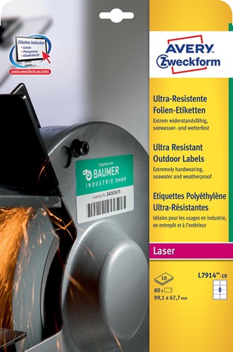 Avery L7914-10 weerbestendige etiketten ft 99,1 x 67,7 mm (b x h), 80 etiketten, wit 10 Vel