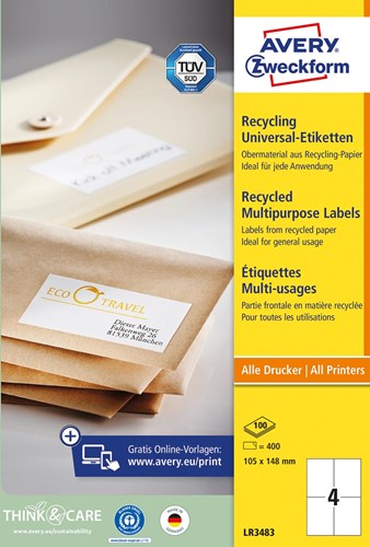 Avery étiquettes blanches universelles recyclées ft 105 x 148 mm (l x h), 400 pièces, 4 par feuille 100 Vel