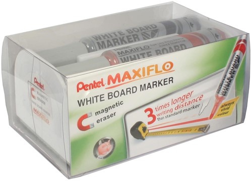 Pentel marqueur pour tableaux blancs Maxiflo jeu de 4 pièces: bleu, rouge, vert et noir + frotteur mag...