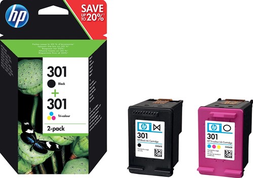 HP inktcartridge 301, 165-190 pagina's, OEM N9J72AE, 1x zwart en 1 x 3 kleuren 2 Stuk