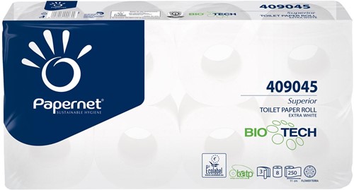 Papernet toiletpapier Superior, 3-laags, 250 vellen, pak van 8 rollen