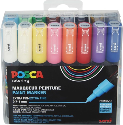 Uni POSCA paintmarker PC-1MC, 0,7 - 1 mm, etui van 16 stuks in geassorteerde kleuren