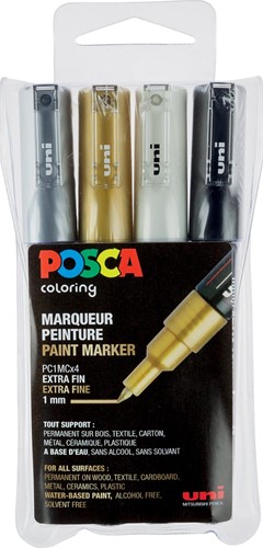 Uni POSCA paintmarker PC-1MC, 0,7 - 1 mm, etui met 4 stuks in geassorteerde metallic kleuren
