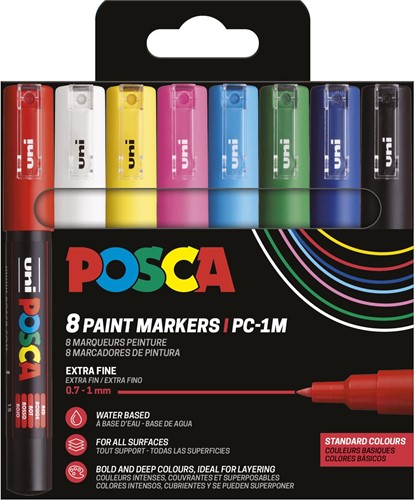 Uni POSCA paintmarker PC-1MC, 0,7 - -1 mm, etui van 8 stuks in geassorteerde basiskleuren