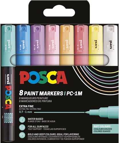 Uni POSCA marqueur peinture PC-1MC, 0,7 -1 mm, étui de 8 pièces en couleurs douces assorties