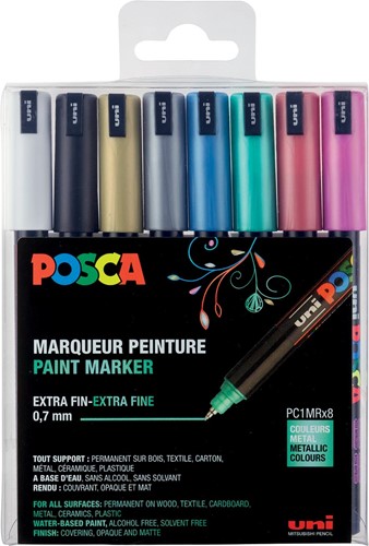 Uni POSCA marqueur peinture PC-1MR, 0,7 mm, étui de 8 pièces en couleurs métalliques assorties